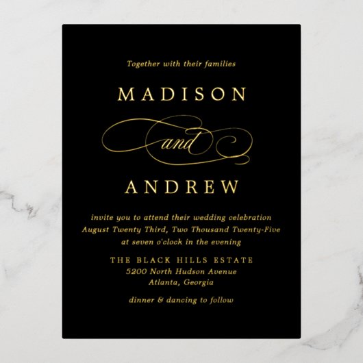 Beloved Black and Gold Wedding Folie Uitnodiging Briefkaart (Voorkant)