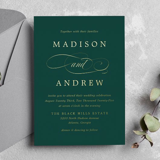 Beloved Emerald Green and Gold Calligraphy Wedding Folie Uitnodiging