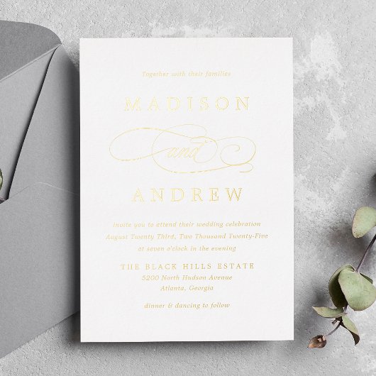 Beloved Gold Calligraphy Wedding Folie Uitnodiging