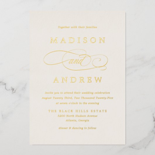 Beloved ivoor en Gold Calligraphy Wedding Folie Uitnodiging (Voorkant)