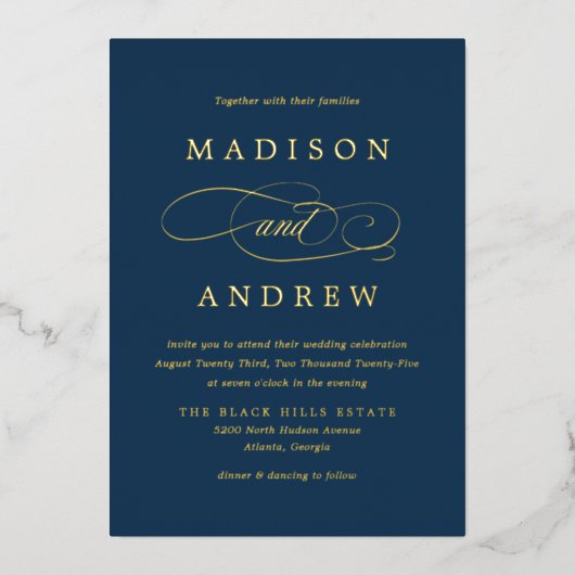Beloved Navy and Gold Calligraphy Wedding Folie Uitnodiging (Voorkant)