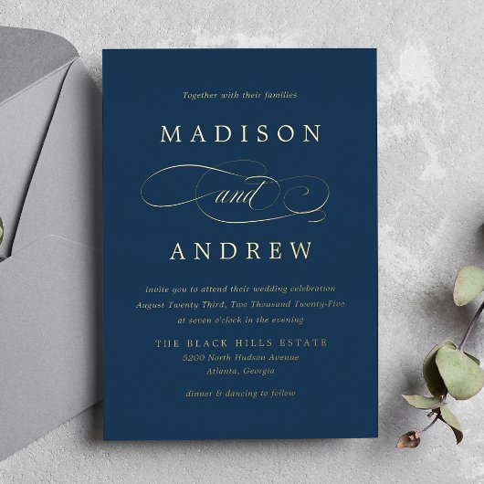 Beloved Navy and Gold Calligraphy Wedding Folie Uitnodiging