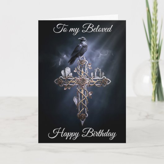 Beloved Personalized Gothic Cross Raven Birthday Kaart (Voorkant)