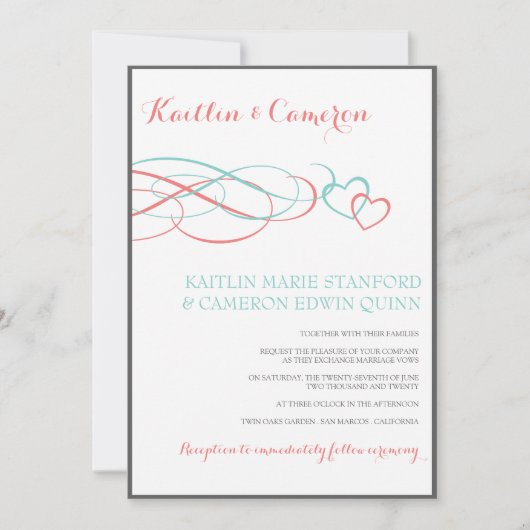 Beloved (Tiffany, Coral & Grey) Wedding Invites Kaart (Voorkant)