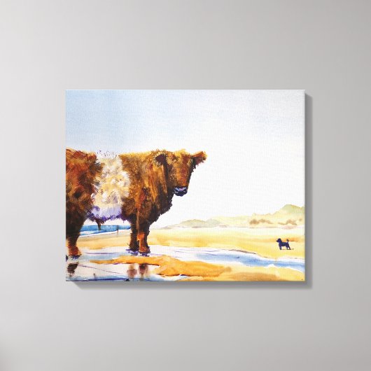 Belted Galloway Koe schilderij Surreal Beach Scene Canvas Afdruk (Voorkant)