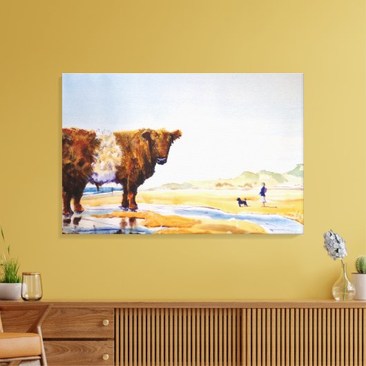 Belted Galloway Koe schilderij Surreal Beach Scene Canvas Afdruk (Insitu (Woonkamer))