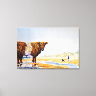 Belted Galloway Koe schilderij Surreal Beach Scene Canvas Afdruk