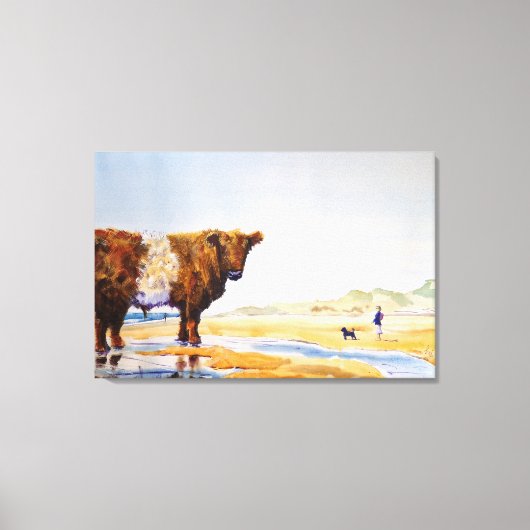 Belted Galloway Koe schilderij Surreal Beach Scene Canvas Afdruk (Voorkant)