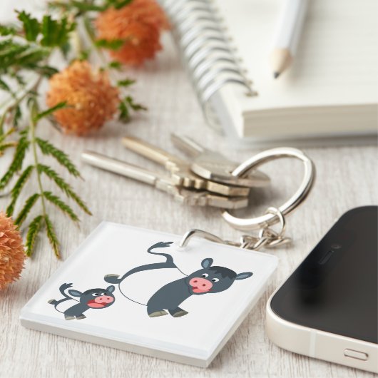 Beltte Galloway-Koe afspelen en kalf Acryltoetsrin Sleutelhanger (Voorkant Rechts)