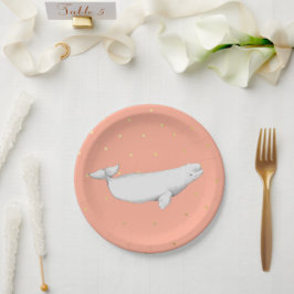 Beluga Whale Illustratie Gold Stippen Coral Papieren Bordje