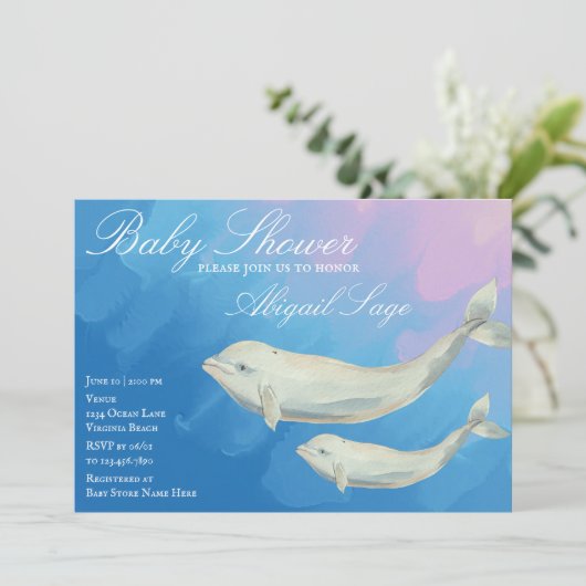 Beluga Whale Ma en Calf Baby shower Invitation Kaart (Staand voorkant)