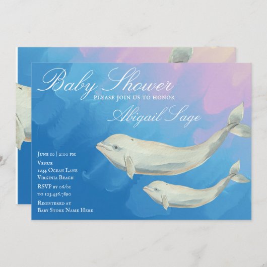 Beluga Whale Ma en Calf Baby shower Invitation Kaart (Voorkant / Achterkant)