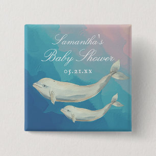 Beluga Whale Mam en Calf Baby shower Vierkante Button 5,1 Cm