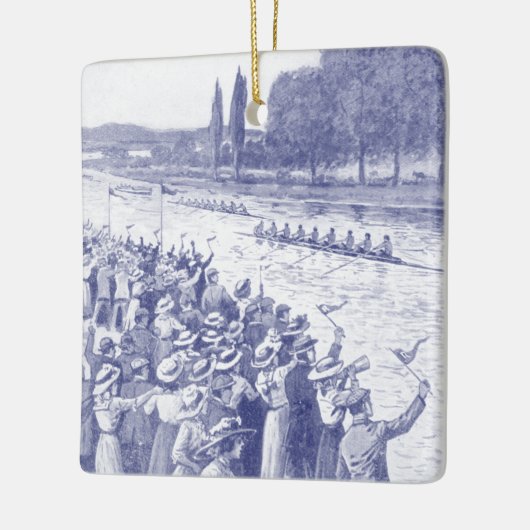 bemanningsroosters met veel toeschouwers blauw keramisch ornament (Links)