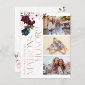 Ben ik mijn matron van eer? Bourgogne Navy Bloemen Uitnodiging Briefkaart (Voorkant / Achterkant)