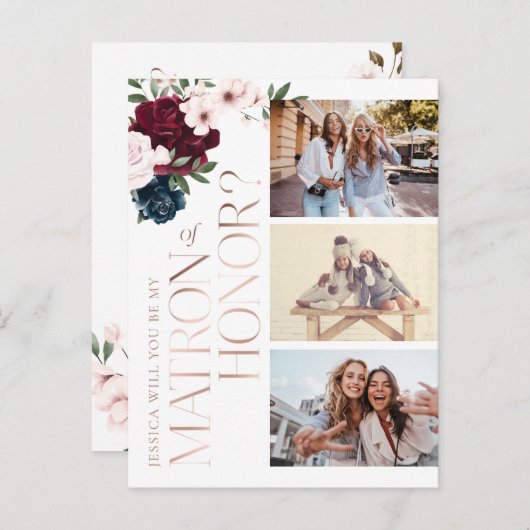 Ben ik mijn matron van eer? Bourgogne Navy Bloemen Uitnodiging Briefkaart (Voorkant / Achterkant)