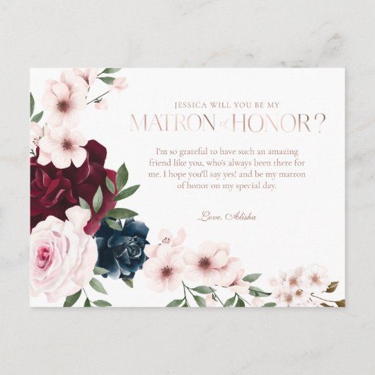 Ben ik mijn matron van eer? Bourgogne Navy Bloemen Uitnodiging Briefkaart (Achterkant)