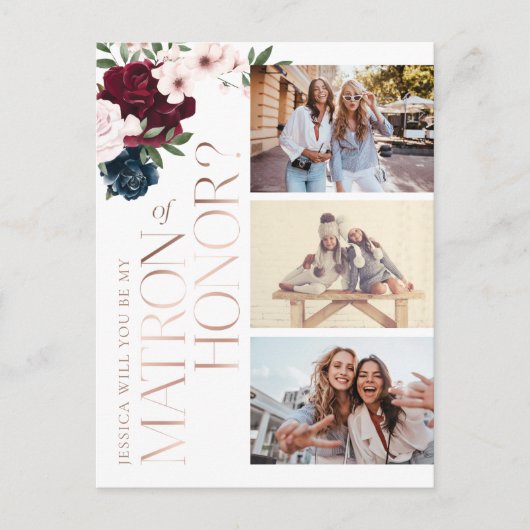 Ben ik mijn matron van eer? Bourgogne Navy Bloemen Uitnodiging Briefkaart (Voorkant)