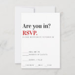 Ben je binnen? Vegas Wedding Response Kaart<br><div class="desc">Moderne typografie Vegas ziet de reactiekaart aan de eenvoudige uitnodiging die uw gasten laat weten wat te verwachten: Wedding, Partners, Vegas. Wie wil er niet zijn? Het basiskleurenpalet van zwart, wit, en rood geeft eer aan een dek van speelkaarten. We houden van deze set van uitnodigingen voor elke moderne gelegenheid:...</div>