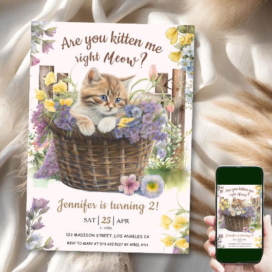 Ben je kitten me bloemenroze kat 2e verjaardag kaart