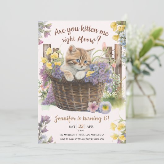 Ben je kitten me bloemenroze kat 6e verjaardag kaart (Staand voorkant)