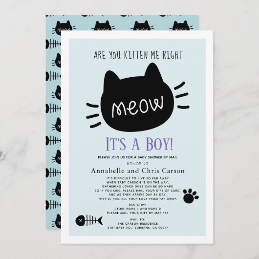 Ben je Kitten Me Blue Boy Baby shower per Mail? Kaart (Voorkant / Achterkant)