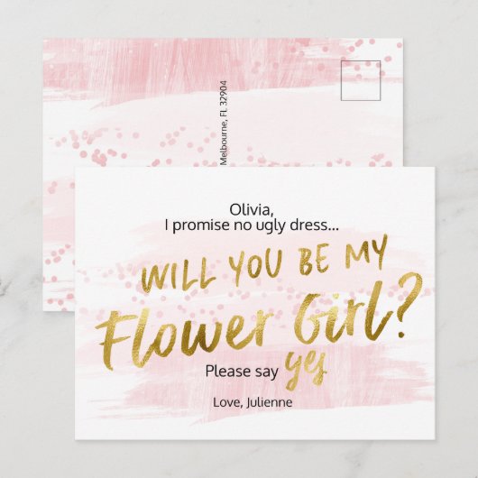 Ben je mijn Bloemenmeisje Blush Waterverf? Uitnodiging Briefkaart (Voorkant / Achterkant)