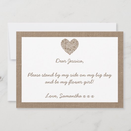 Ben je mijn Bloemenmeisje? Burlap Heart Kaart (Achterkant)