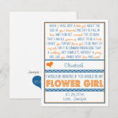 Ben je mijn Bloemenmeisje? Navy Blue/Oranje gedich Kaart (Voorkant / Achterkant)