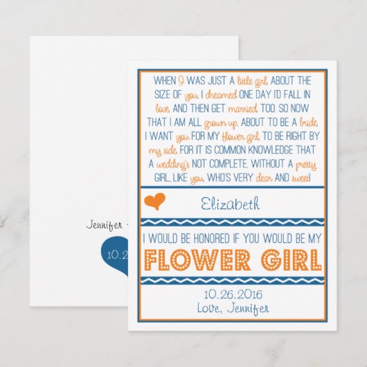 Ben je mijn Bloemenmeisje? Navy Blue/Oranje gedich Kaart (Voorkant / Achterkant)