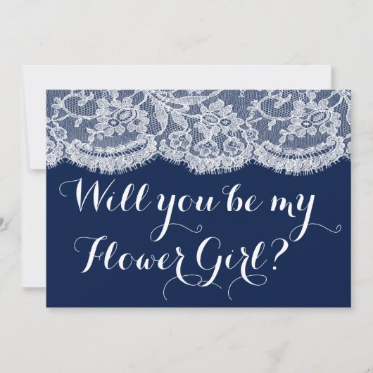 Ben je mijn Bloemenmeisje? Navy Blue & White Lace Kaart (Voorkant)