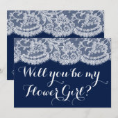 Ben je mijn Bloemenmeisje? Navy Blue & White Lace Kaart (Voorkant / Achterkant)