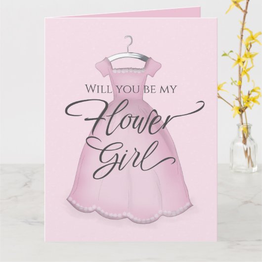 Ben je mijn Bloemenmeisje Weddenschap Cute Pink Dr Kaart (Gele Bloem)