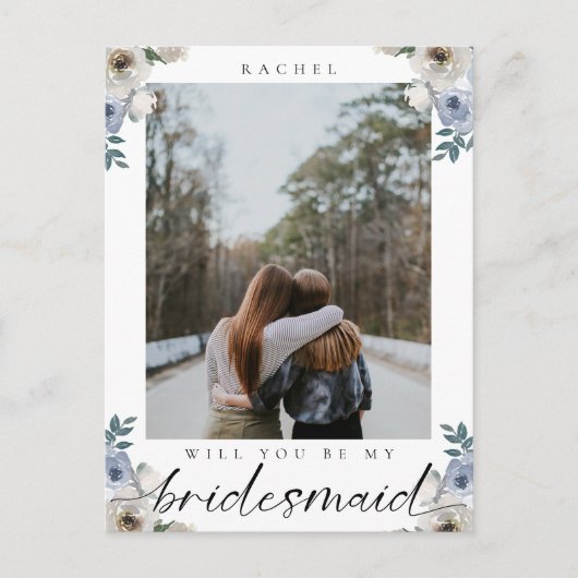 Ben je mijn Bridesmaid Dusty Blue Roos Foto? Briefkaart (Voorkant)