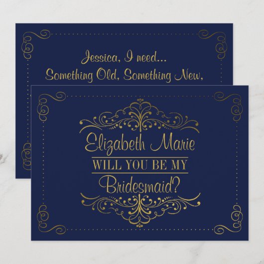 Ben je mijn Bridesmaid?  marine en goud Kaart (Voorkant / Achterkant)