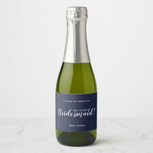 Ben je mijn Bridesmaid? Modern Script Navy Blue Sparkling Wijnetiket