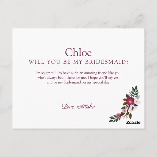 Ben je mijn Bridesmaid? Moody Floral Waterverf Briefkaart (Achterkant)
