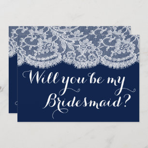 Ben je mijn Bridesmaid? Navy Blue & White Lace Kaart