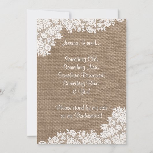 Ben je mijn Bridesmaid? Rustic Burlap & Lace Kaart (Achterkant)