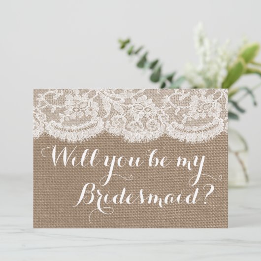 Ben je mijn Bridesmaid? Rustic Burlap & Lace Kaart (Staand voorkant)