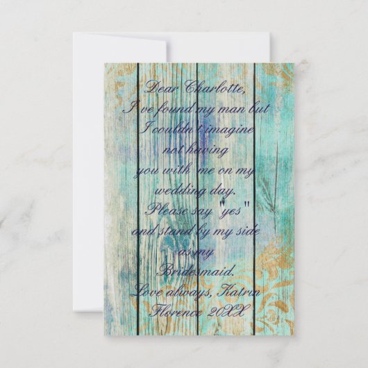 Ben je mijn Bridesmaid? Rustic Golden Mint Blue Kaart (Achterkant)