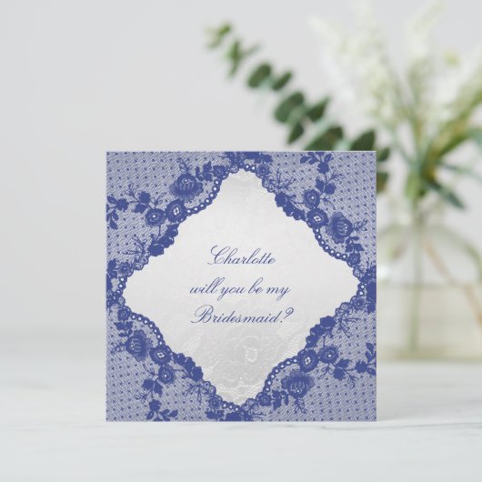Ben je mijn Bridesmaid? Silver Navy Blue Lace Kaart (Staand voorkant)