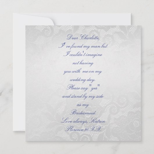 Ben je mijn Bridesmaid? Silver Navy Blue Lace Kaart (Achterkant)