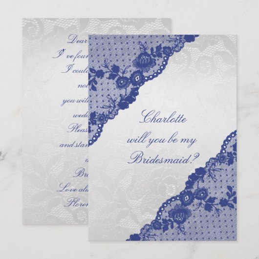 Ben je mijn Bridesmaid? Silver Navy Blue Lace Kaart (Voorkant / Achterkant)