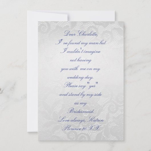 Ben je mijn Bridesmaid? Silver Navy Blue Lace Kaart (Achterkant)