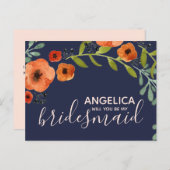 Ben je mijn bruidsmeisje Floral pastel roze goud? Uitnodiging Briefkaart (Voorkant / Achterkant)