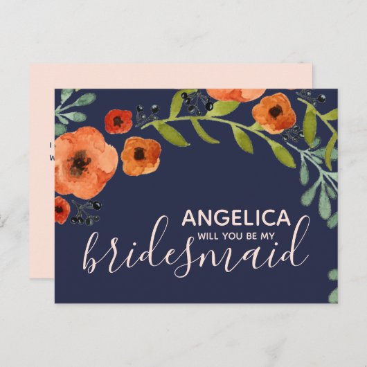 Ben je mijn bruidsmeisje Floral pastel roze goud? Uitnodiging Briefkaart (Voorkant / Achterkant)