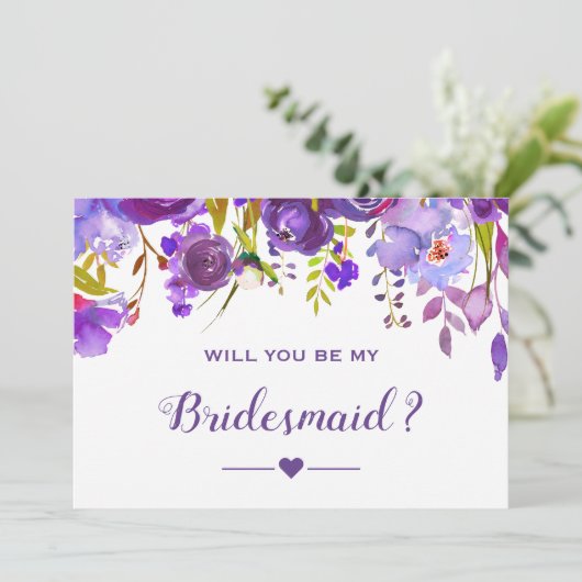 Ben je mijn bruidsmeisje Violet Paars Floral? Kaart (Staand voorkant)