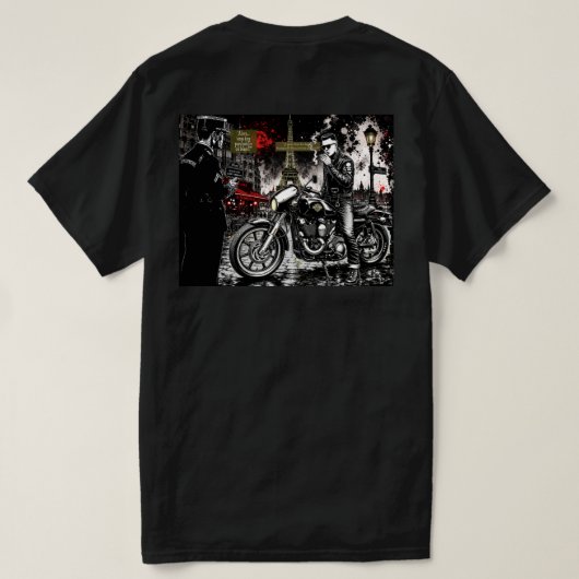 "Ben je psychobilly of motorrijder?" T-shirt (Design achterkant)