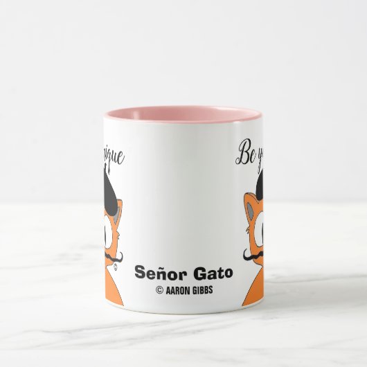 Ben jij-nique (ben uniek) Cartoon Mustache kat Mok (Midden)